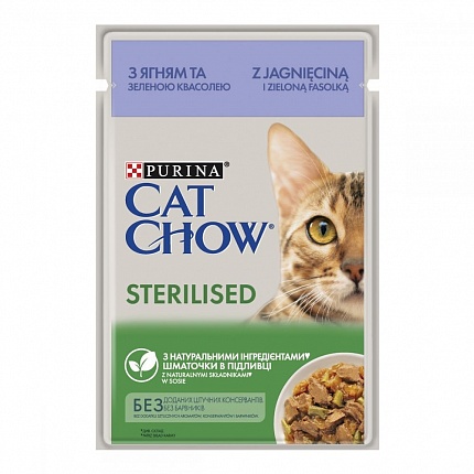 Cat Chow Sterilised Консерви для стерилізованих котів з ягням і зеленою квасолею в желе купити KITIPES.COM.UA