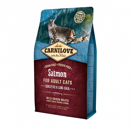 Carnilove Salmon Sensitive & Long-Hair Сухий корм для довгошерстих котів з чутливим травленням з лососем купити KITIPES.COM.UA