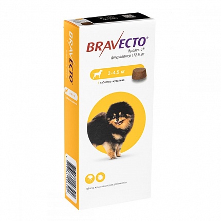 Bravecto (Бравекто) 2 - 4,5 кг Таблетки від бліх і кліщів для собак вагою від 2 до 4,5 кг купити KITIPES.COM.UA