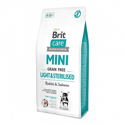 Brit Care Беззерновий сухий корм з кроликом і лососем для стерилізованих собак малих порід | Mini Light & Sterilised  на kitipes.com.ua