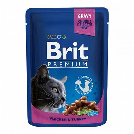 Brit Premium Консерви для котів шматочки в соусі з куркою та індчикою  купити KITIPES.COM.UA