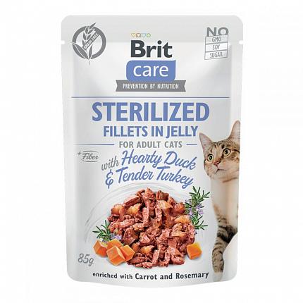 Brit Care Sterilized Консерви для стерилізованих котів з качкою та індичкою в желе купити KITIPES.COM.UA