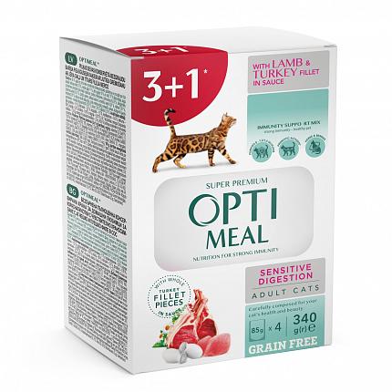 Optimeal Набір 3+1 Консерви для котів з чутливим травленням з ягням та індичикою купити KITIPES.COM.UA
