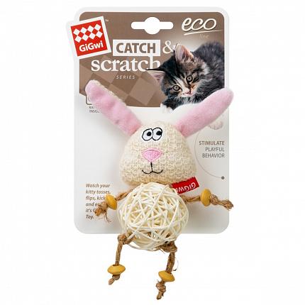 GiGwi Catch&Scratch Іграшка для котів зайчик з плетеним м'ячиком та дзвіночком купити KITIPES.COM.UA