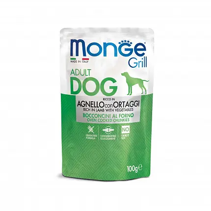 MONGE GRILL Вологий корм для собак з ягням та овочами купити KITIPES.COM.UA