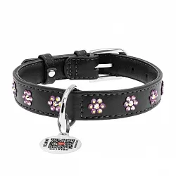 Нашийник для собак шкіряний WAUDOG Glamour з QR паспортом, з клейовими стразами "Квіти"