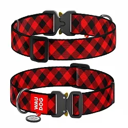 Ошейник для собак нейлоновый WAUDOG Nylon с QR паспортом, рисунок "Шотландка красная", металлическая пряжка-фастекс