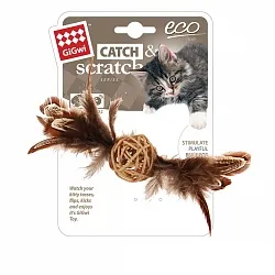 GiGwi Catch&scratch Игрушка для кошек плетеный мячик с колокольчиком и перьями