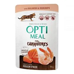 Optimeal Беззерновые консервы для кошек с лососем и креветками в соусе