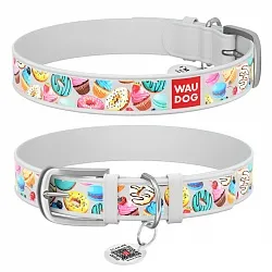 Ошейник для собак кожаный WAUDOG Design с QR паспортом, рисунок "Пончики"