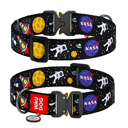 Нашийник для собак нейлоновий WAUDOG Nylon з QR паспортом, малюнок "NASA", металева пряжка-фастекс