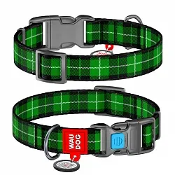 Нашийник для собак нейлоновий WAUDOG Nylon з QR, Шотландка зелена, пластиковий фастекс